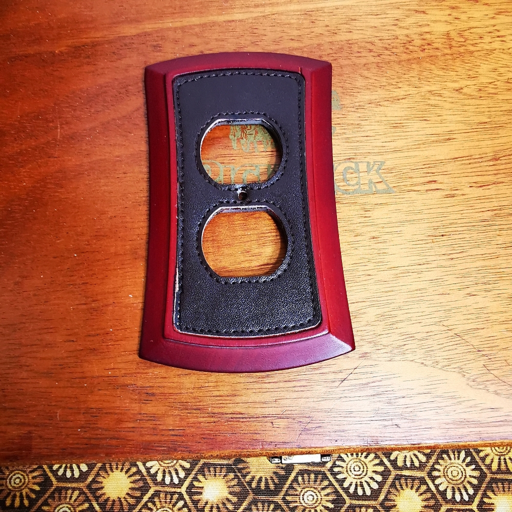 Vintage Wooden Maroon Red Electrical Outlet Cover with Faux Leather Detail